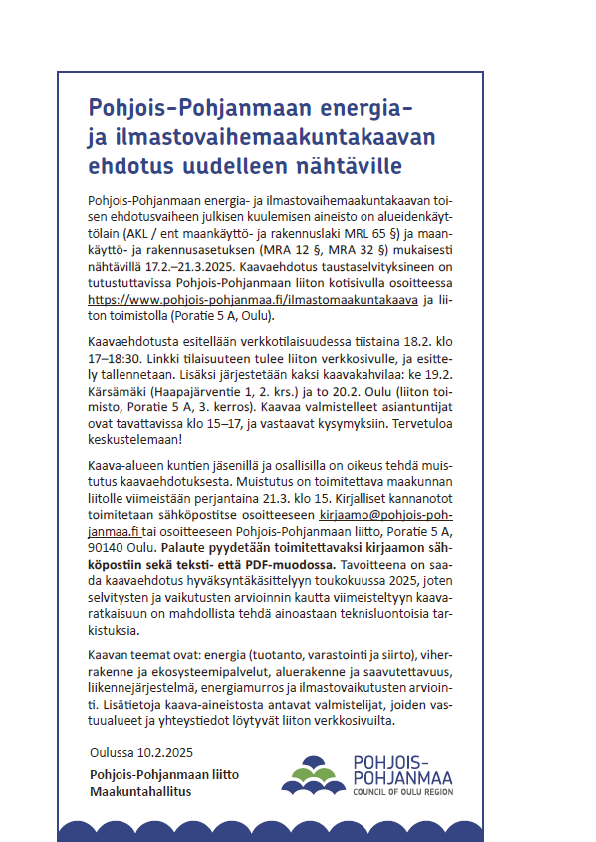 Pohjois.Pohjanmaan energia- ja ilmastovaihemaakuntakaavan ehdotus uudekkeen nähtävillä